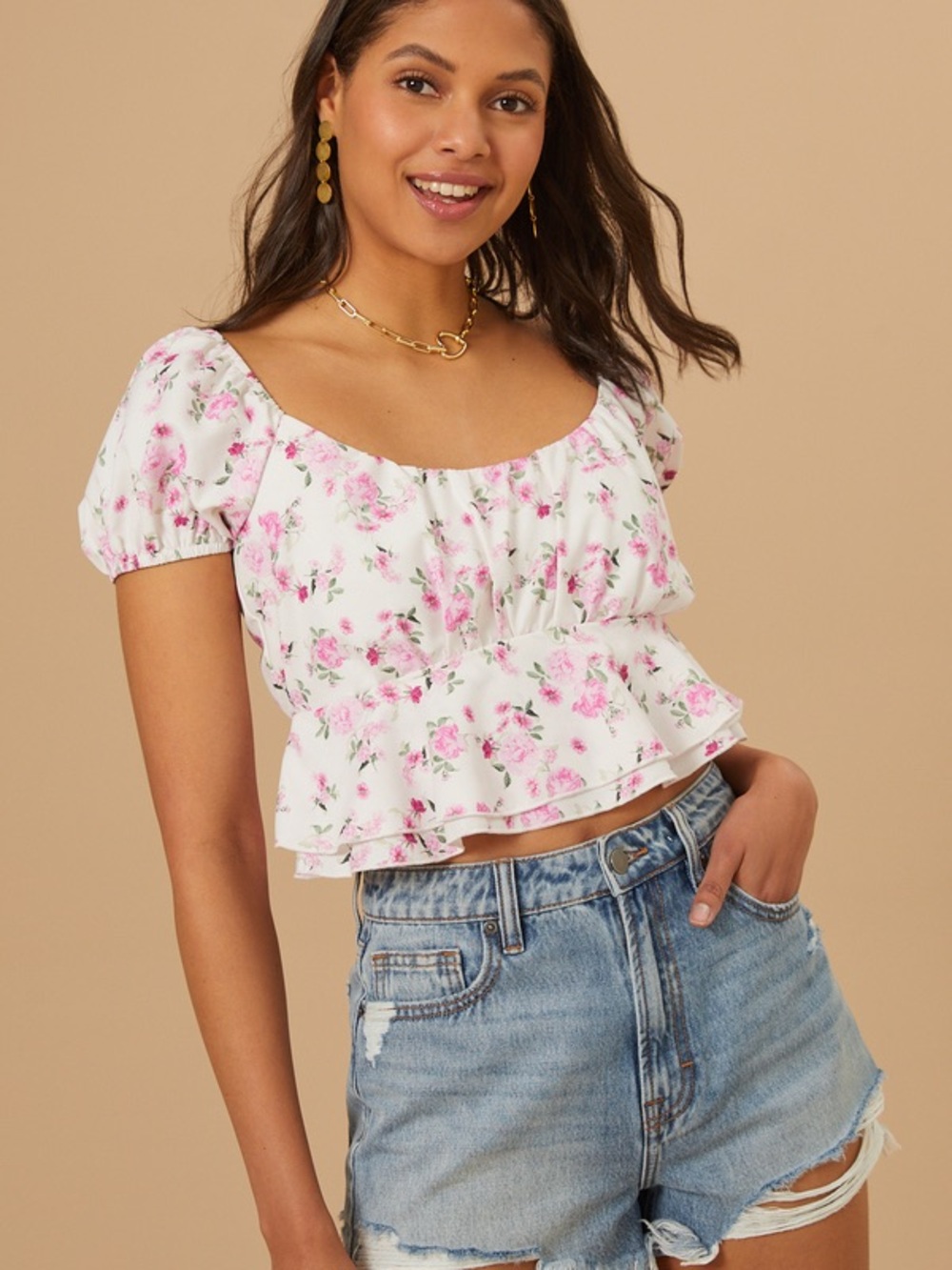 Altar'd State White Crop Top with Pink Floral Print